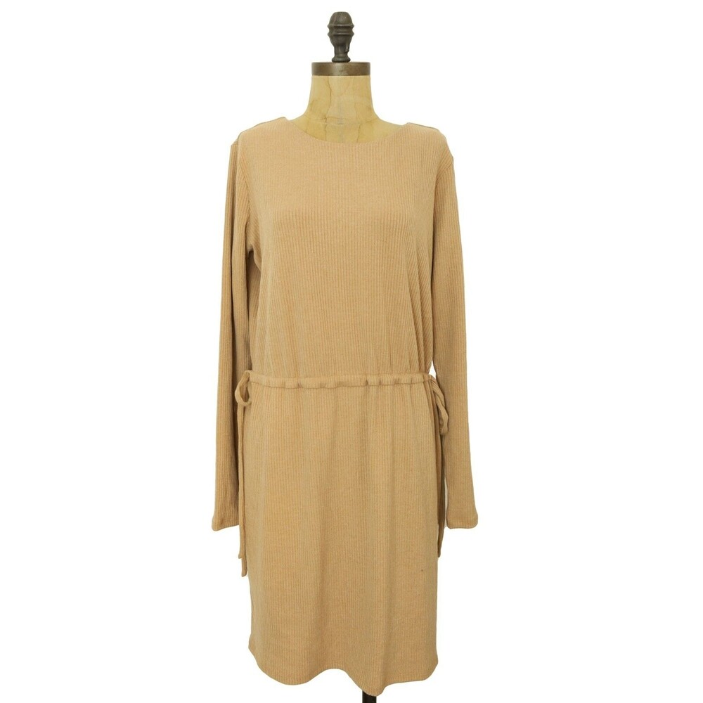 Charles Henry Long Sleeve Knit Dress M Cinched Waist Ribbed Tan Mini NEW B49 - Picture 2 of 6